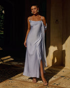 Elara Cowl Maxi Dress in Sky Blue by Runaway The Label | Winsome Girl Fashion