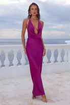 Elena Low Plunge Maxi Dress in Plum by Runaway The Label | Winsome Girl Fashion