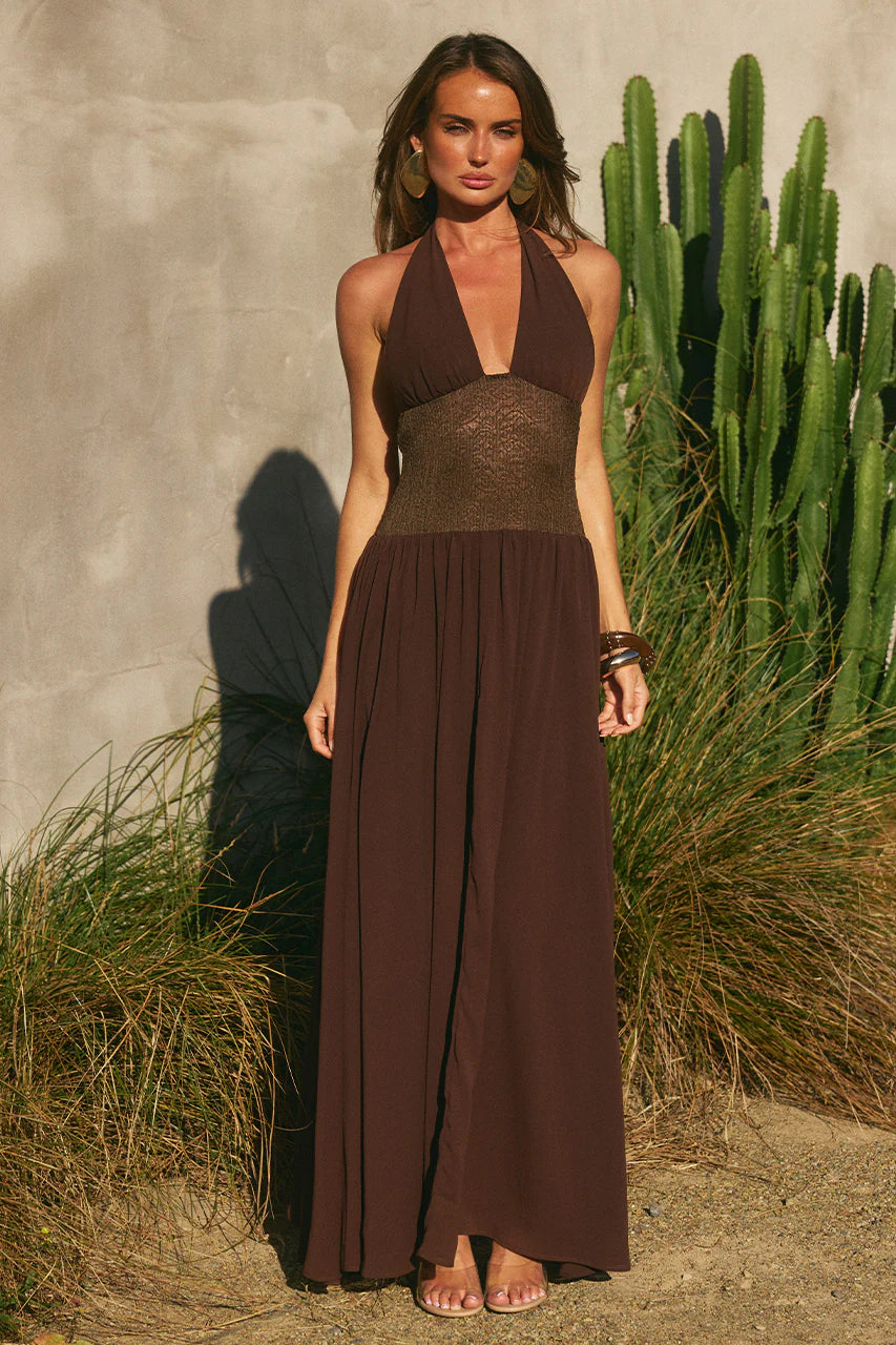 Fernanda Plunge Halter Maxi Dress in Bitter Chocolate by Runaway The Label | Winsome Girl Fashion