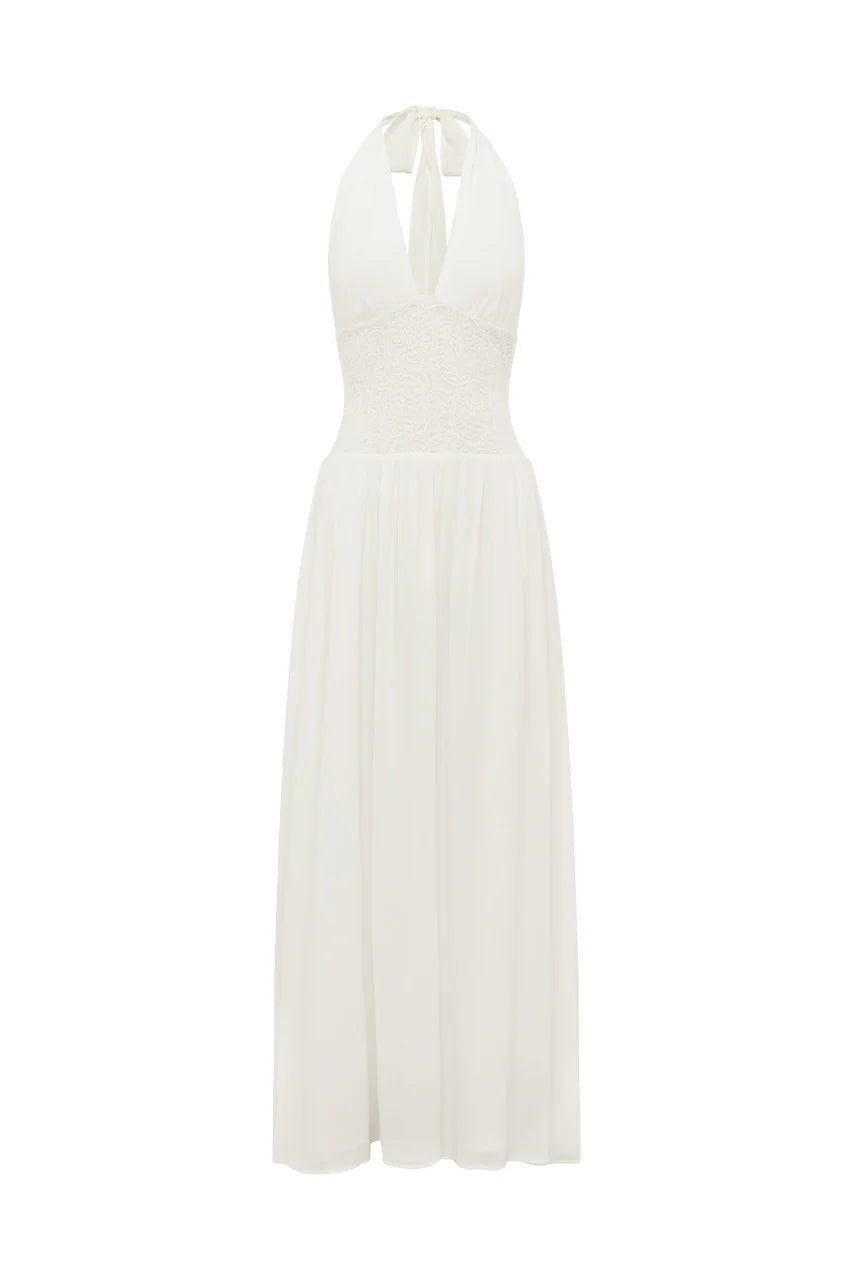  Fernanda Plunge Halter Maxi Dress in White