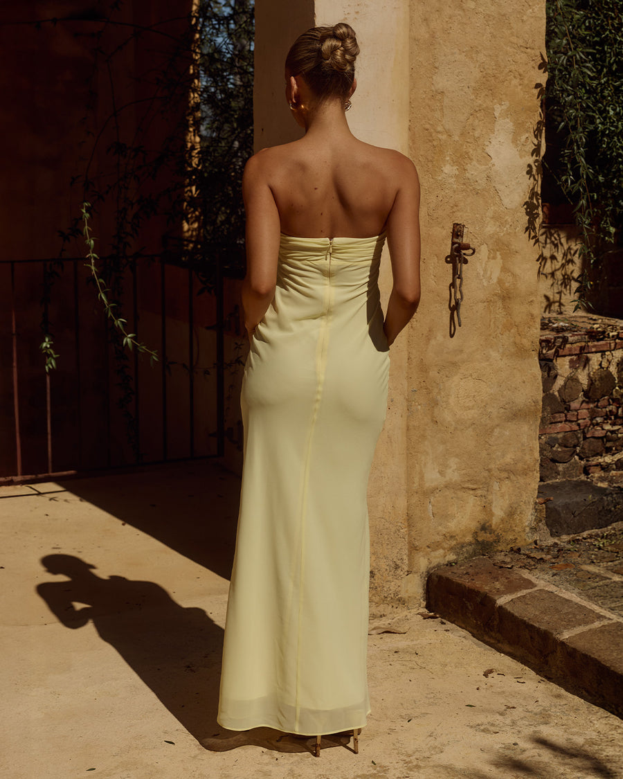 Fiora Strapless Maxi Dress in Butter Back View | Winsome Girl Fashion