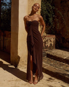 Runaway The Label Fiora Maxi Dress Chocolate Strapless Neckline | Winsome Girl Fashion