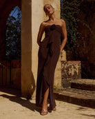 Fiora Strapless Maxi Dress in Chocolate by Runaway The Label | Winsome Girl Fashion
