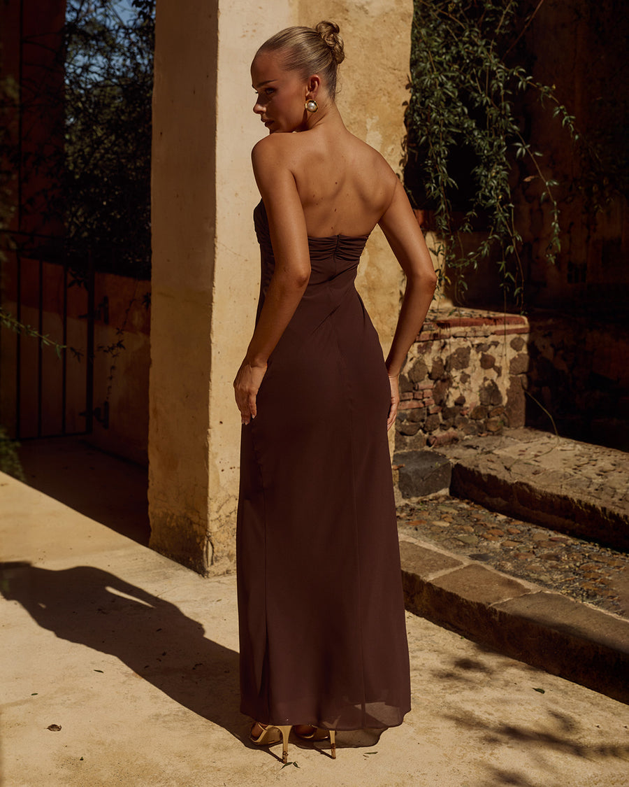 Fiora Strapless Maxi Dress in Chocolate Back View | Winsome Girl Fashion