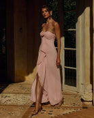 Fiora Maxi Dress Flowing Skirt in Pink Side Profile | Winsome Girl Fashion