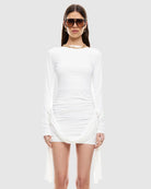 Glory Mini Dress Ruched Self-Sash Rosette Detail in Moonlight │ Winsome Girl Fashion