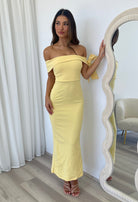Halen Off Shoulder Maxi Dress in Lemon | Winsome Girl Fashion
