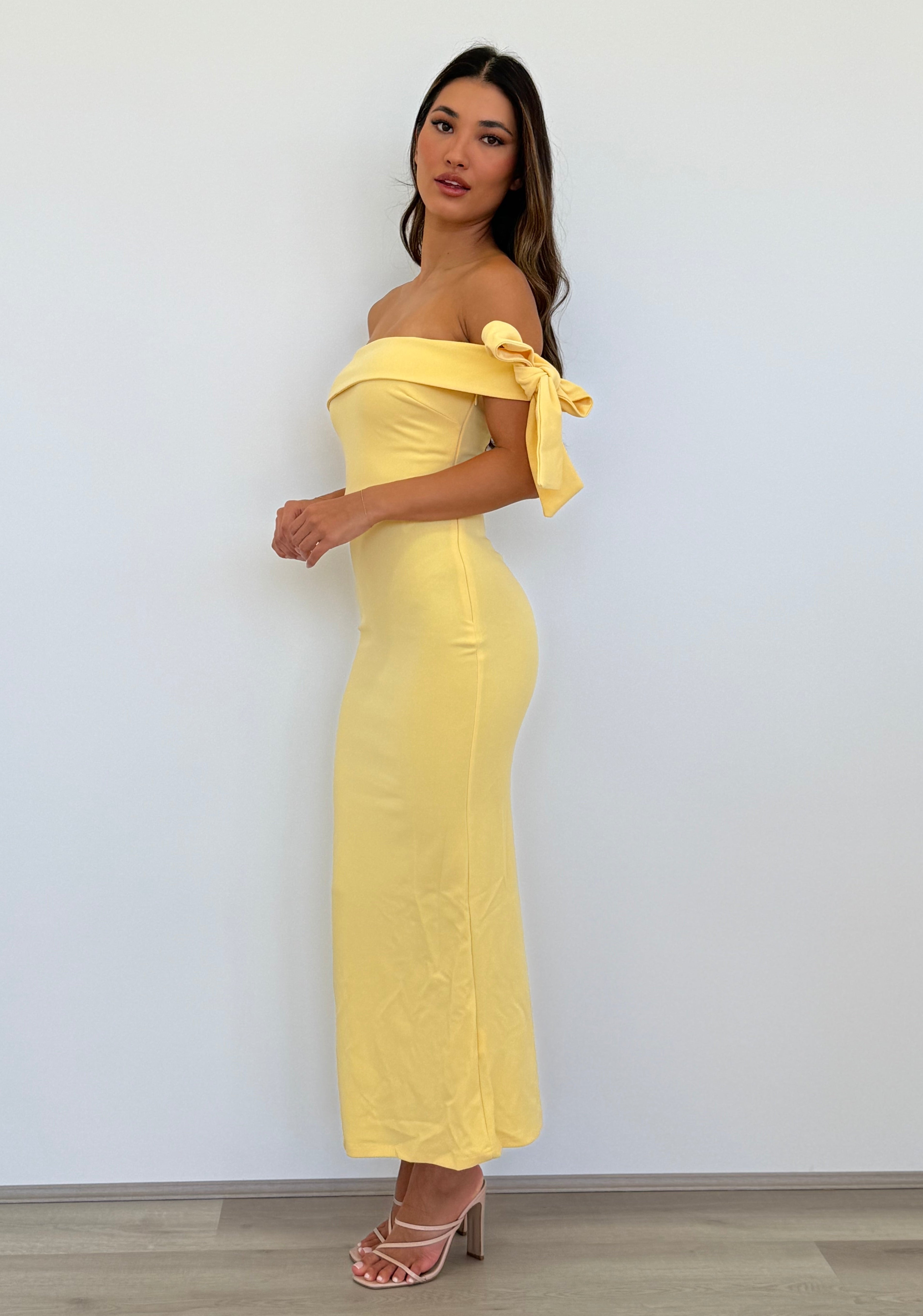 Halen Off Shoulder Maxi Dress in Lemon | Winsome Girl Fashion
