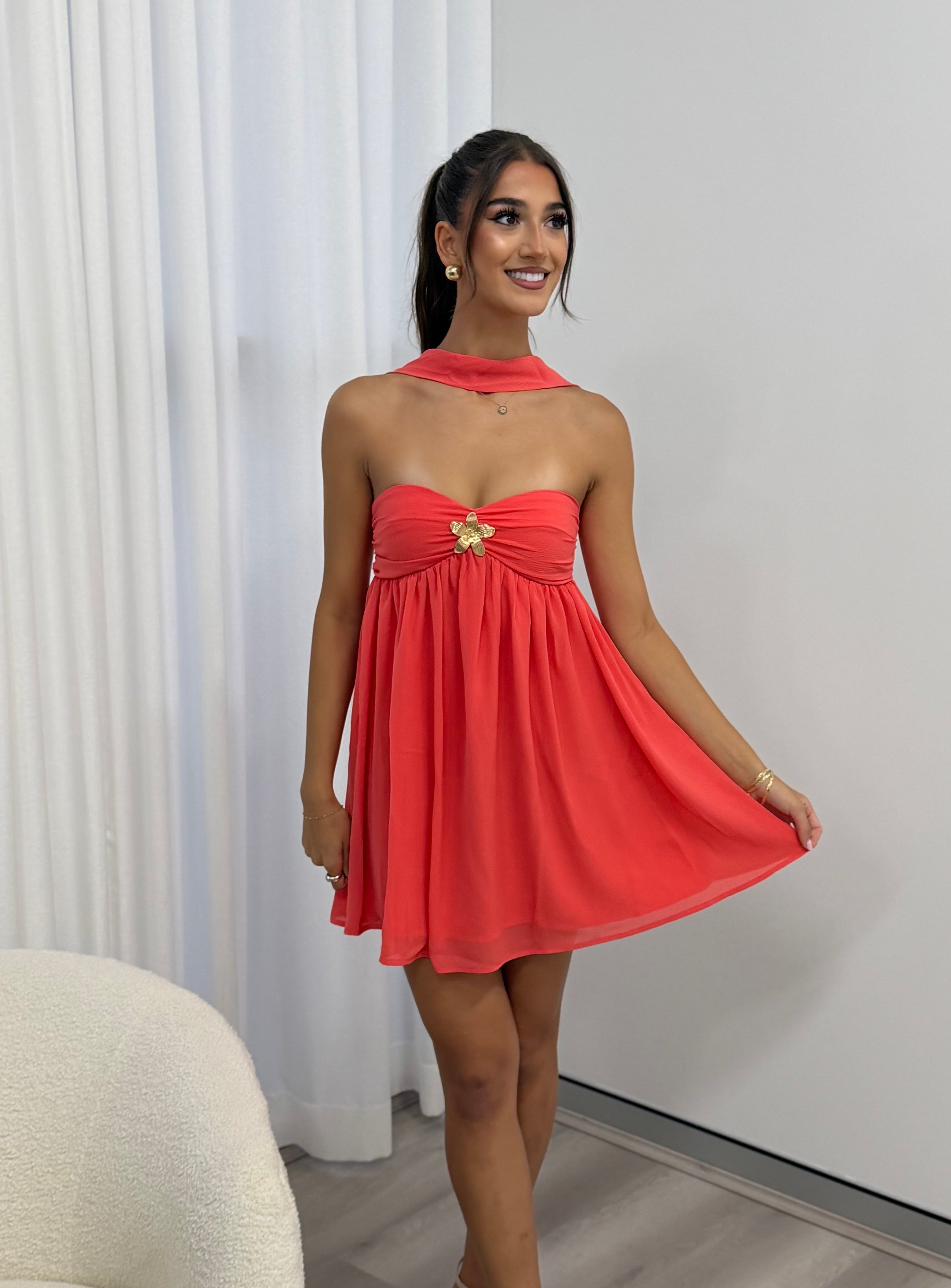 Haven Mini Dress in Coral
