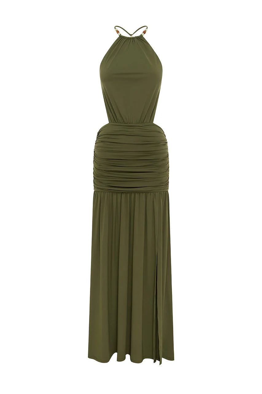 slim fit dress slacks Dark Green Open Back High Neck Side Ruched Gown