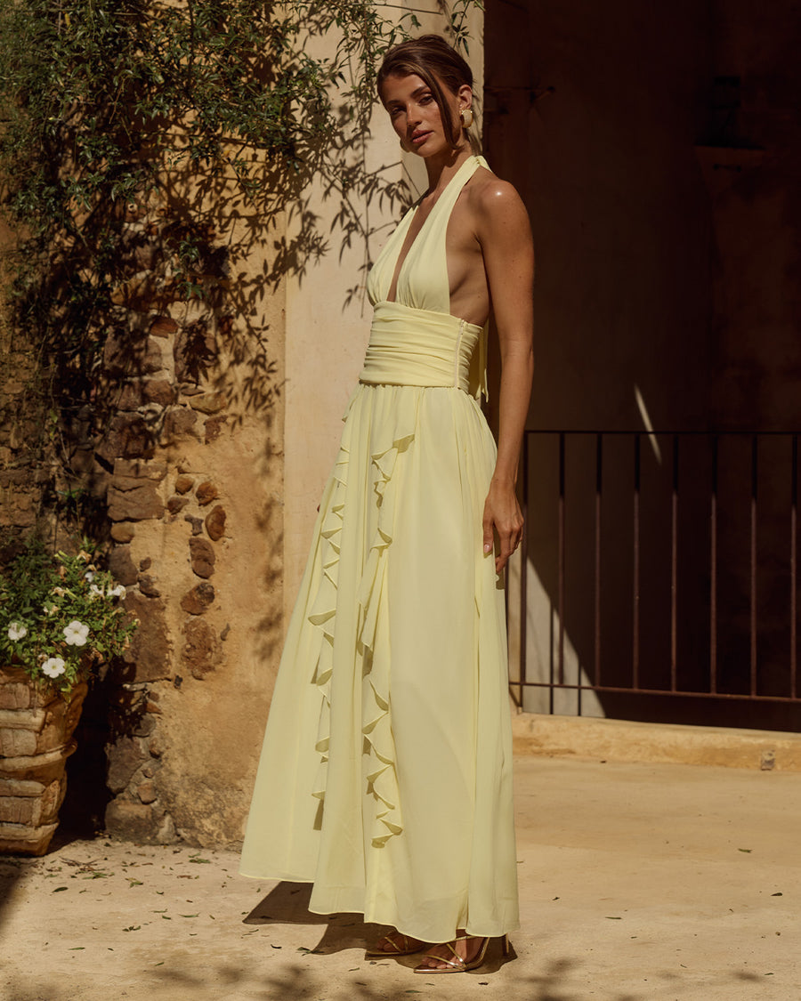 Isolina Halter Corset Maxi Dress in Butter Side Profile | Winsome Girl Fashion