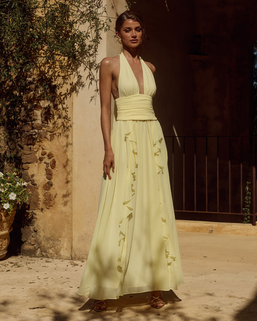 Isolina Maxi Dress Draped Frills and Cinched Waist in Butter | Winsome Girl Fashion