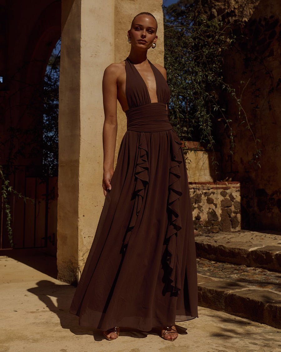 Isolina Halter Corset Maxi Dress in Chocolate by Runaway The Label | Winsome Girl Fashion