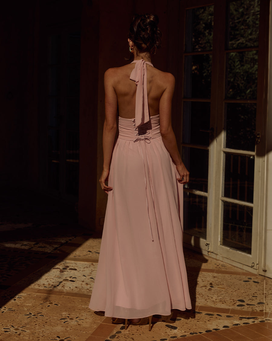 Isolina Maxi Dress Corset-Inspired Back in Pink | Winsome Girl Fashion