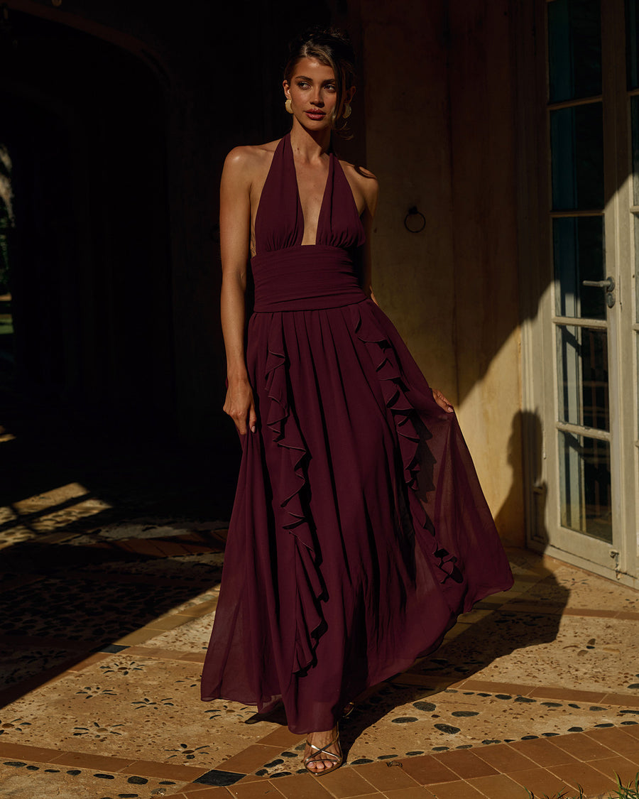Isolina Halter Corset Maxi Dress in Plum by Runaway The Label | Winsome Girl Fashion