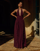 Isolina Maxi Dress Draped Frills and Cinched Waist in Plum | Winsome Girl Fashion