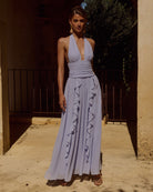Isolina Maxi Dress Draped Frills and Cinched Waist in Sky Blue | Winsome Girl Fashion