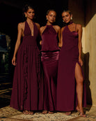 Isolina Maxi Dress Draped Frills and Cinched Waist in Plum | Winsome Girl Fashion