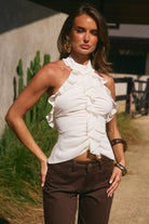 Ivy High Neck Ruffle Top in Pearl