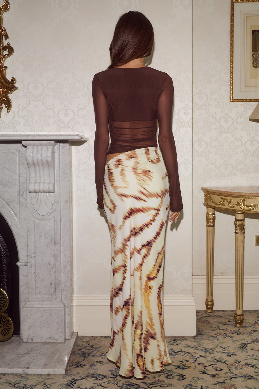 Joni Long Sleeve Cutout Maxi Dress in Chocolate/Camellia Beige by Runaway The Label | Winsome Girl Fashion 