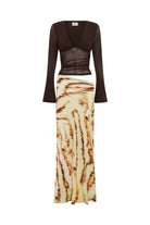 Joni Long Sleeve Cutout Maxi Dress in Chocolate/Camellia Beige by Runaway The Label | Winsome Girl Fashion 