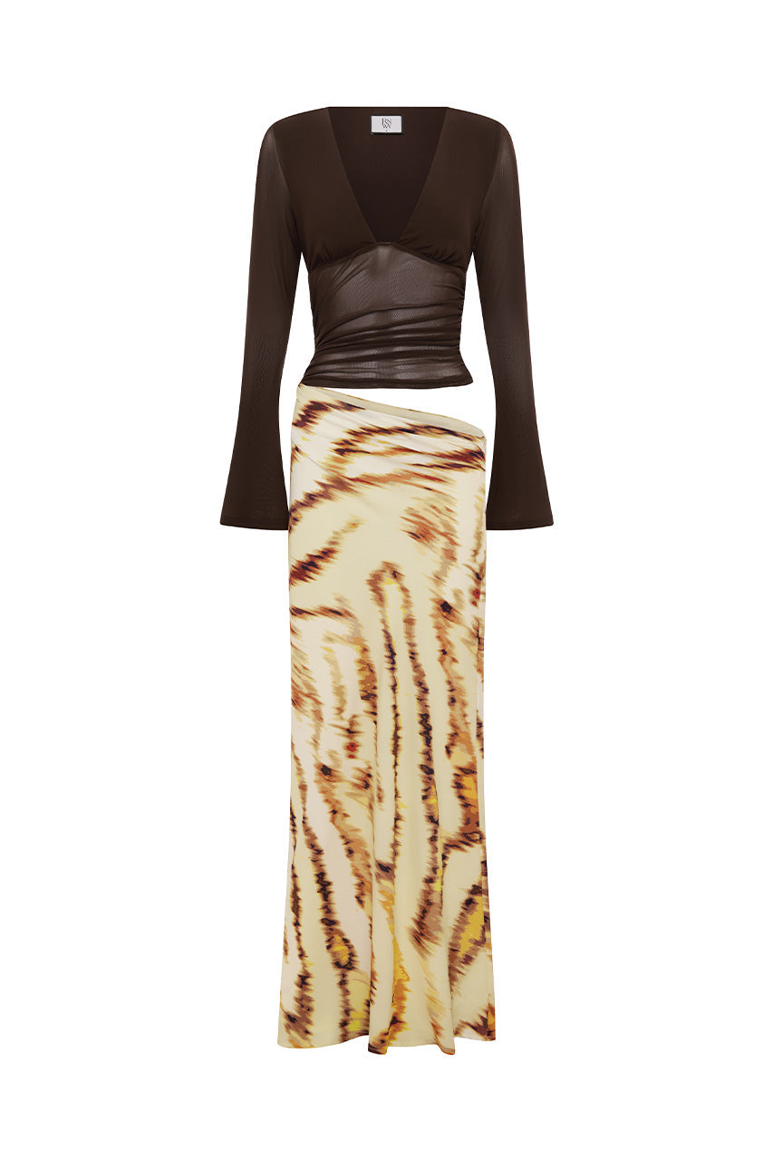 Joni Long Sleeve Cutout Maxi Dress in Chocolate/Camellia Beige by Runaway The Label | Winsome Girl Fashion 