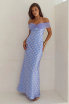 Kadie Off Shoulder Maxi Dress in Periwinkle / Lemon Polka