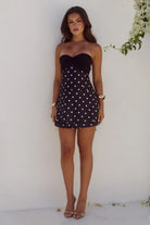 Kadie Off Shoulder Mini Dress in Black / White Polka