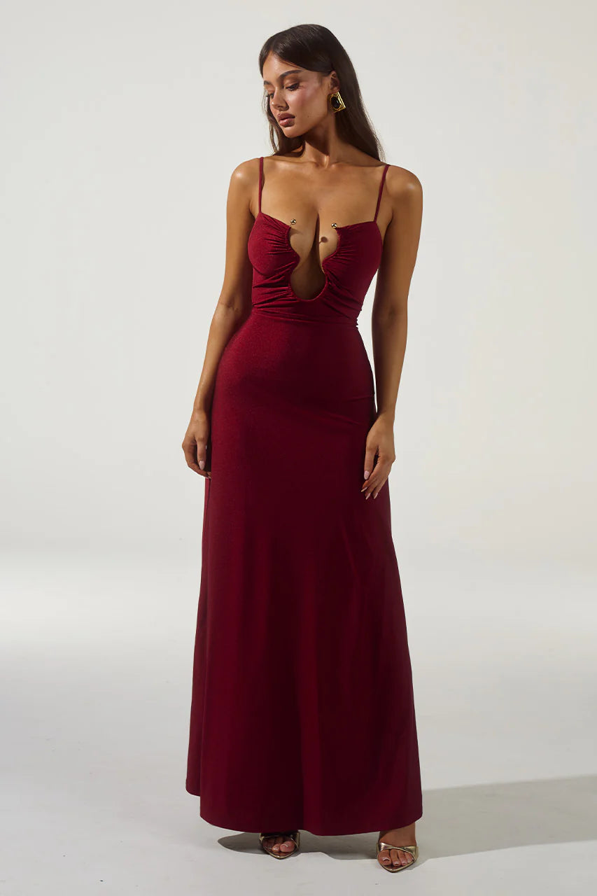 Kalena Plunge Maxi Dress in Cherry