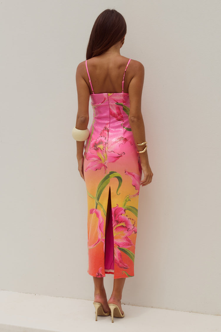 Kyra Midi Dress Scoop Neckline Detail in Floral Ombre | Winsome Girl Fashion