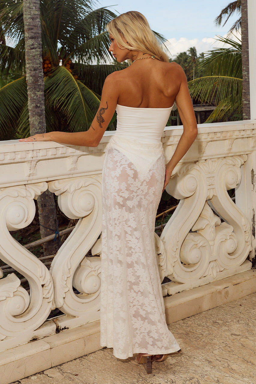 Lakita Strapless Lace Maxi Dress in White by Runaway The Label | Winsome Girl Fashion 