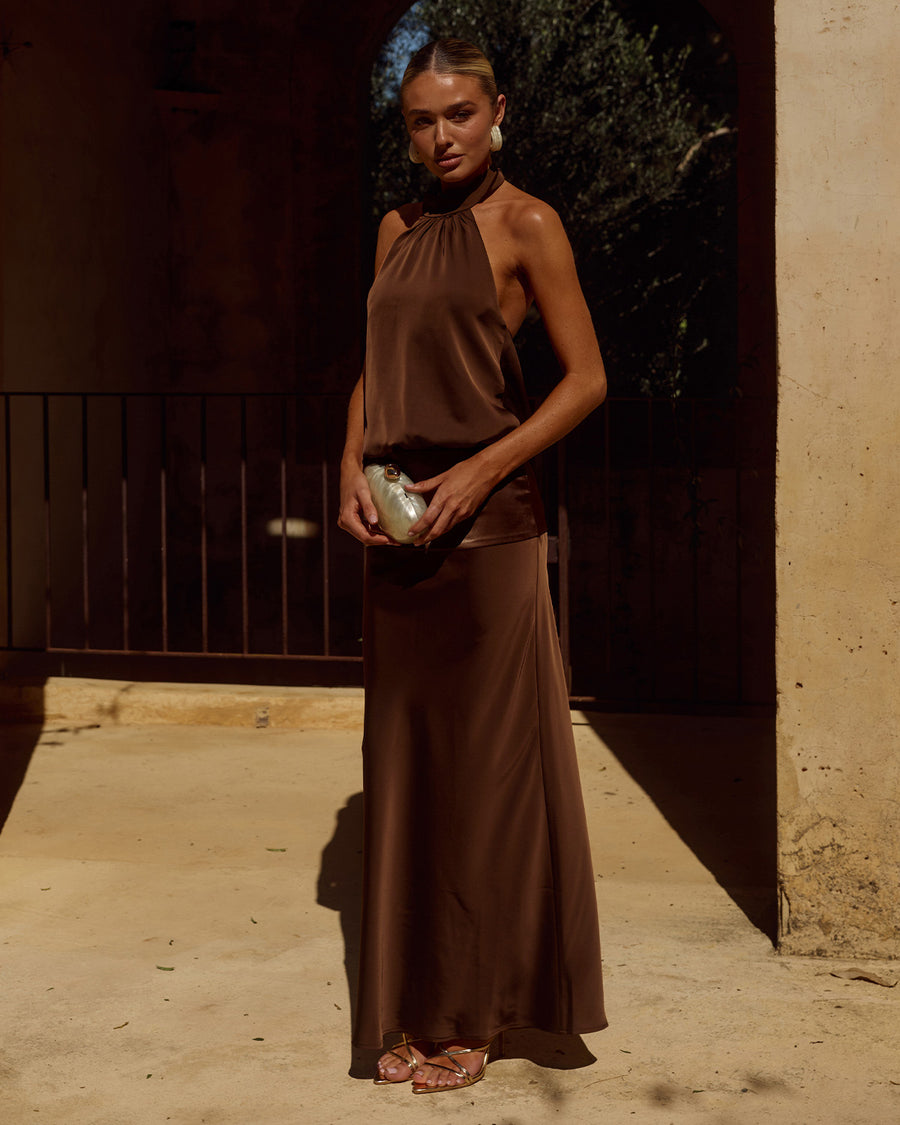 Liliette Maxi Dress Slim-Fitting Skirt in Chocolate Side Profile | Winsome Girl Fashion
