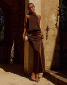 Liliette Halter Maxi Dress in Chocolate by Runaway The Label | Winsome Girl Fashion