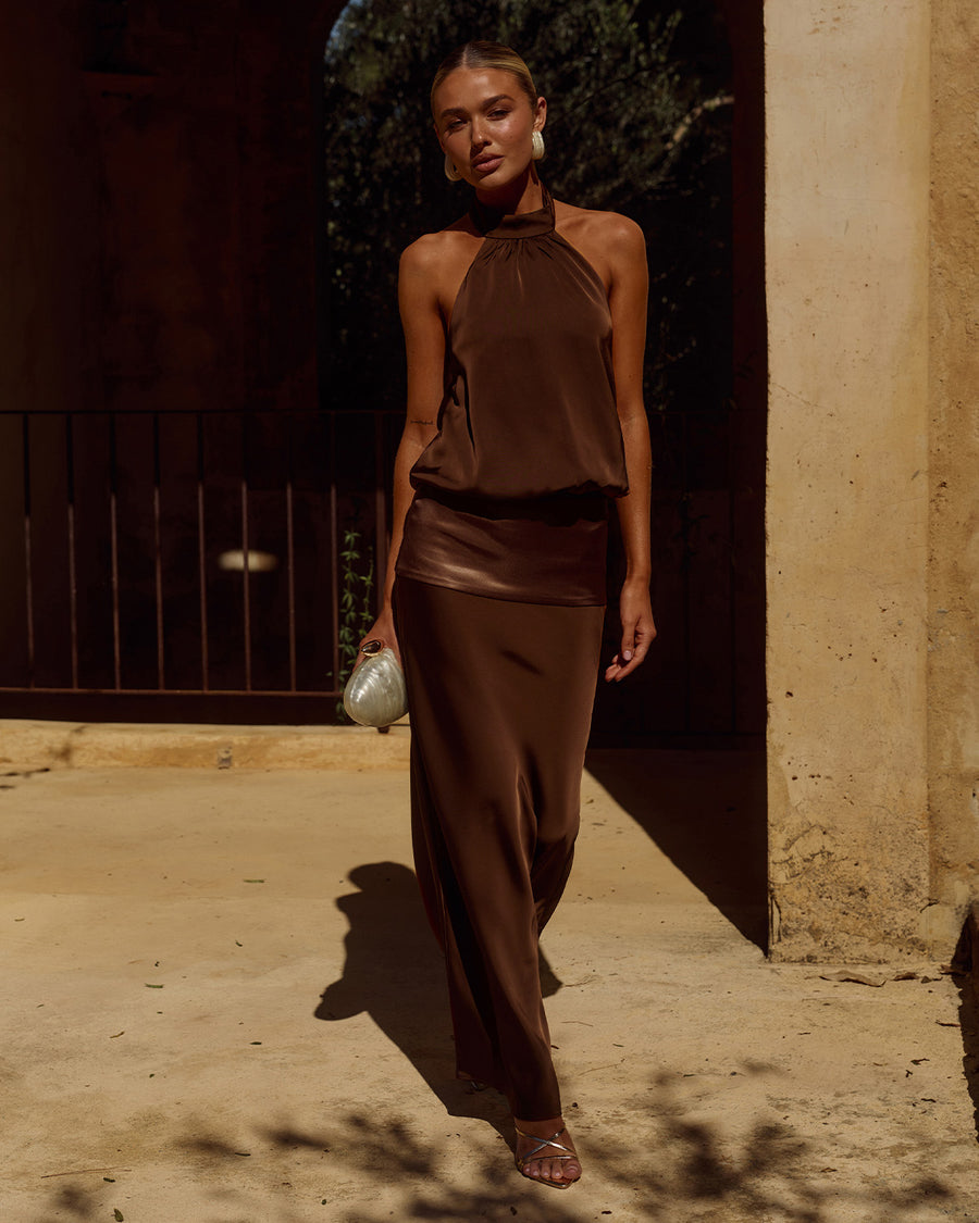 Liliette Maxi Dress Billowing Bodice in Chocolate | Winsome Girl Fashion