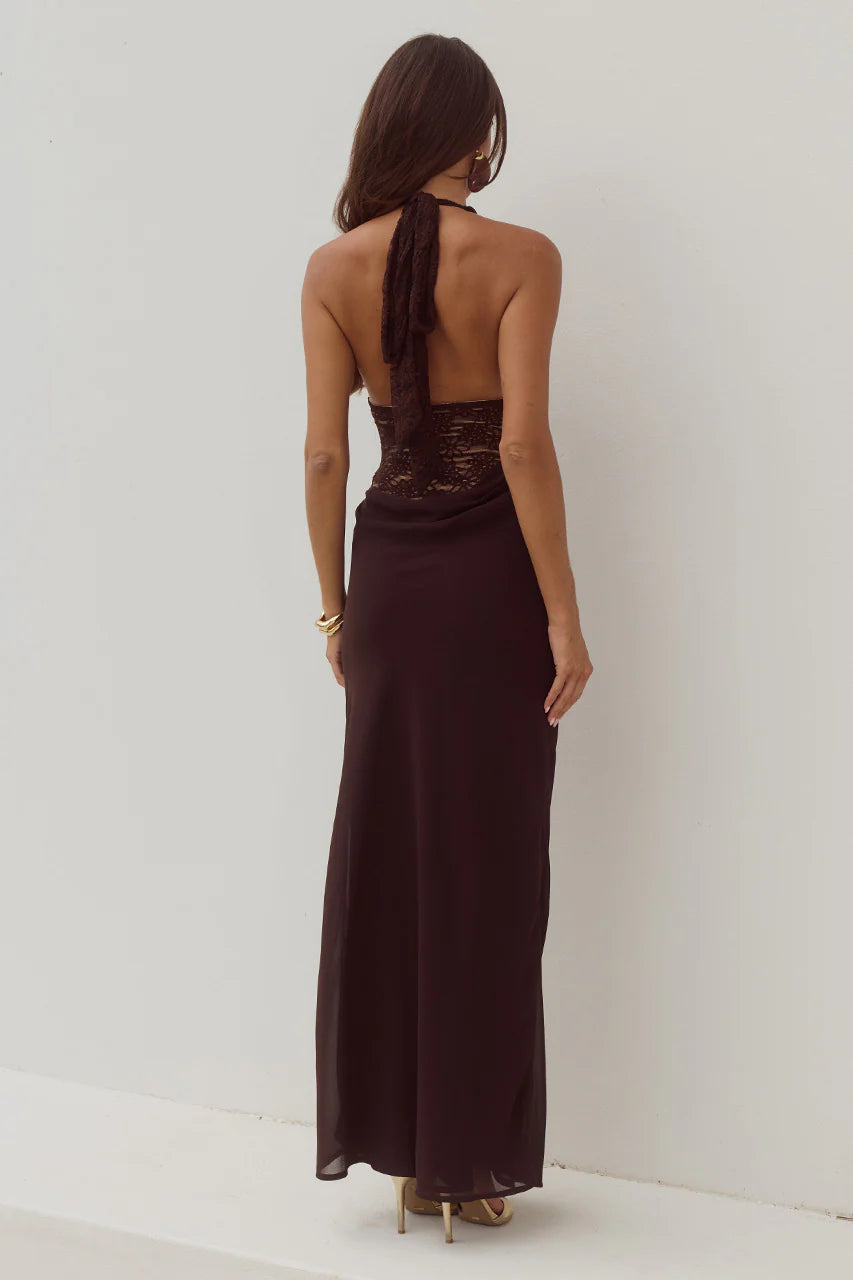 Lina Halter Draped Maxi Dress in Bitter Chocolate