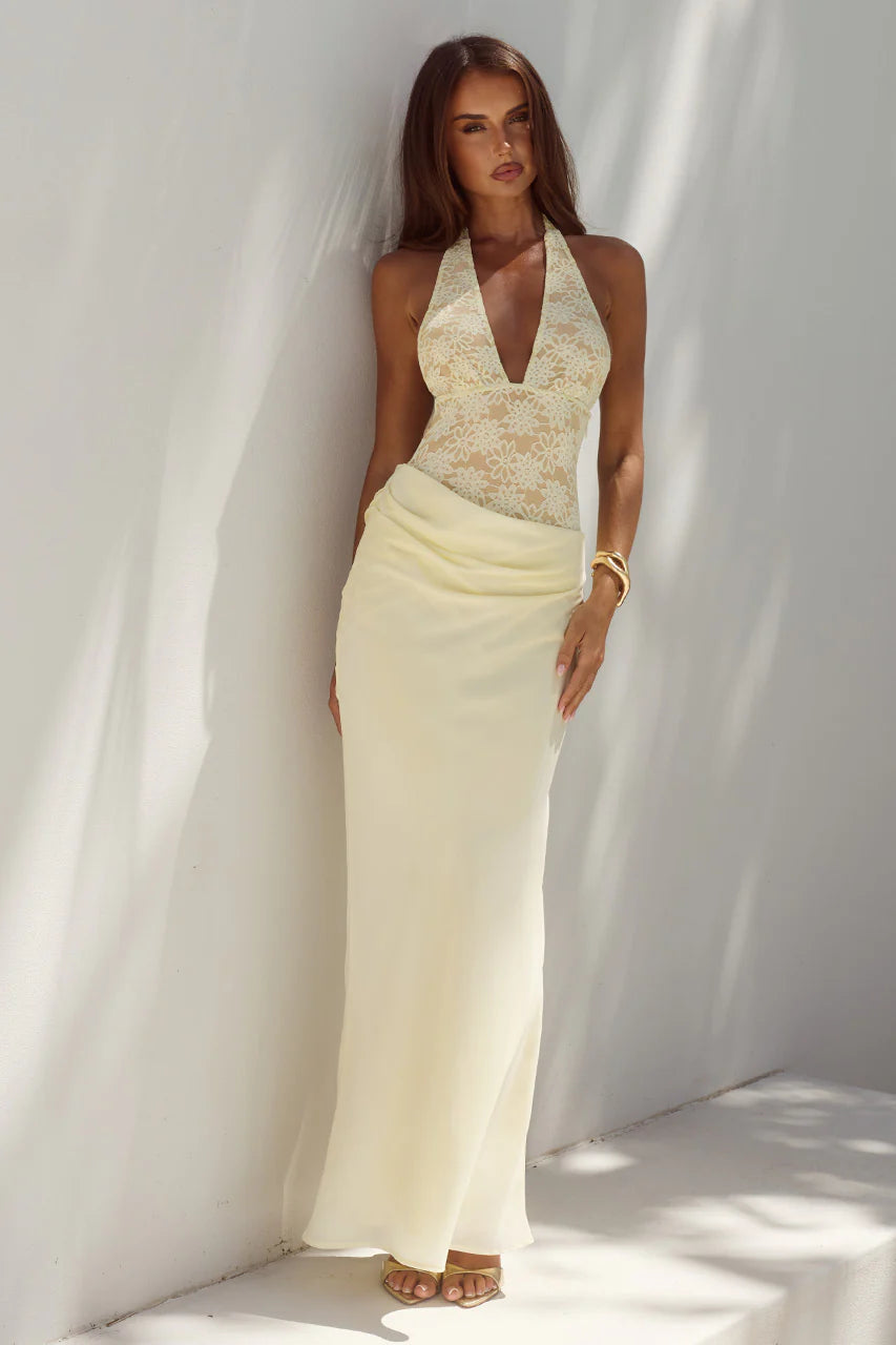 Lina Halter Draped Maxi Dress in Lemon