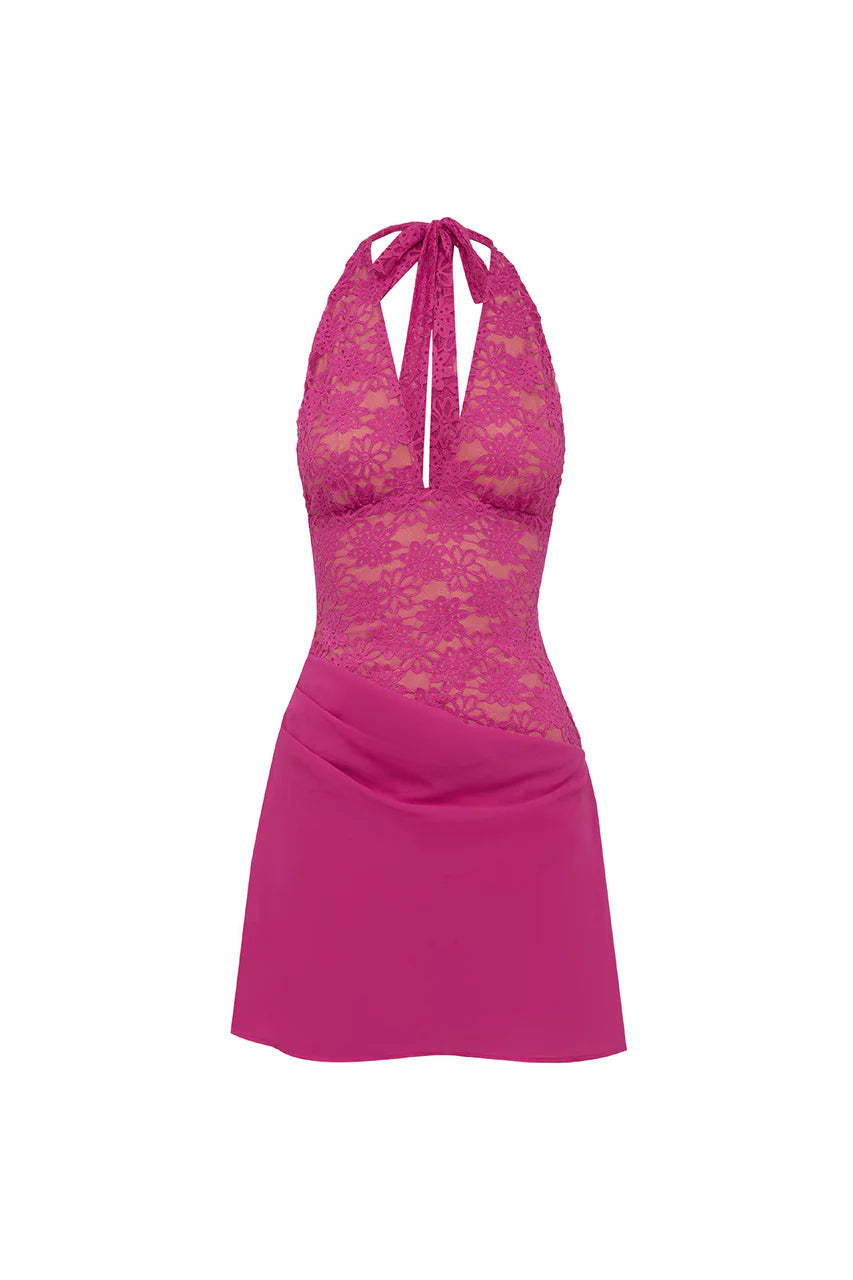 Lina Halter Draped Mini Dress in Berry