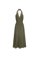 Stars Align Midi Dress Linen Blend Lace Detail in Khaki | Winsome Girl