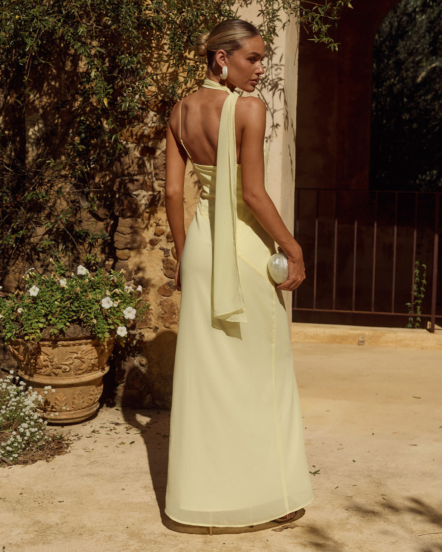 Liora Draped Scarf Maxi Dress in Butter Back View | Winsome Girl Fashion