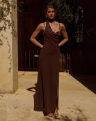 Liora Draped Scarf Maxi Dress in Chocolate by Runaway The Label | Winsome Girl Fashion
