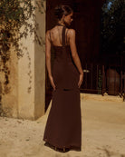 Liora Draped Scarf Maxi Dress in Chocolate Back View | Winsome Girl Fashion