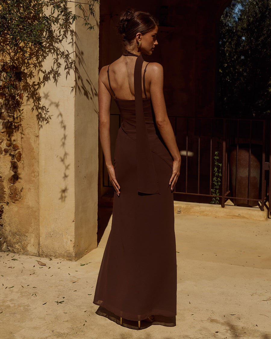Liora Draped Scarf Maxi Dress in Chocolate Back View | Winsome Girl Fashion