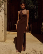 Runaway The Label Liora Maxi Dress Chocolate Draped Scarf Detail | Winsome Girl Fashion