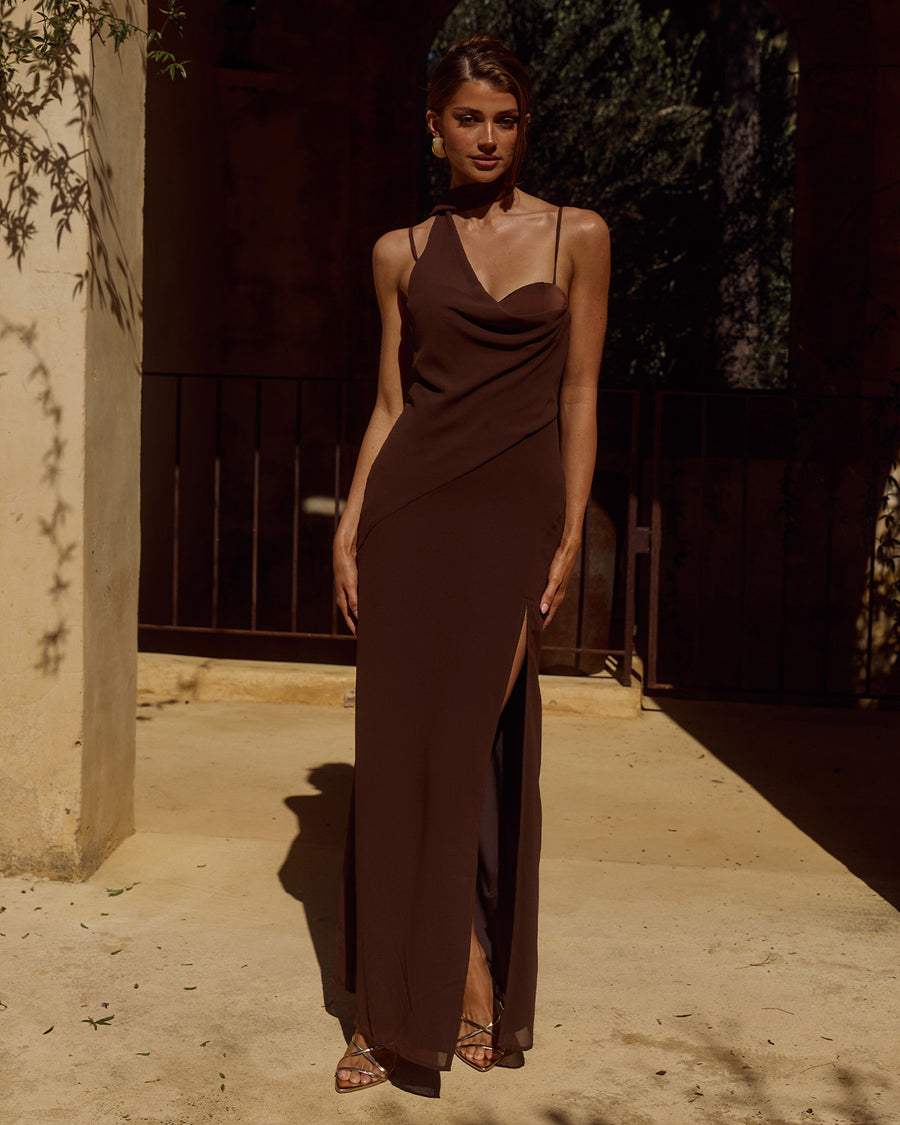 Runaway The Label Liora Maxi Dress Chocolate Draped Scarf Detail | Winsome Girl Fashion