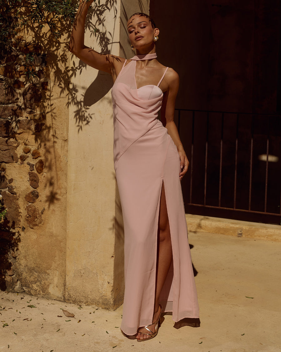 Runaway The Label Liora Maxi Dress Pink Draped Scarf Detail | Winsome Girl Fashion