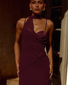 Liora Draped Scarf Maxi Dress in Plum flat lay