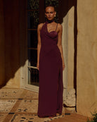 Liora Draped Scarf Maxi Dress in Plum by Runaway The Label | Winsome Girl Fashion