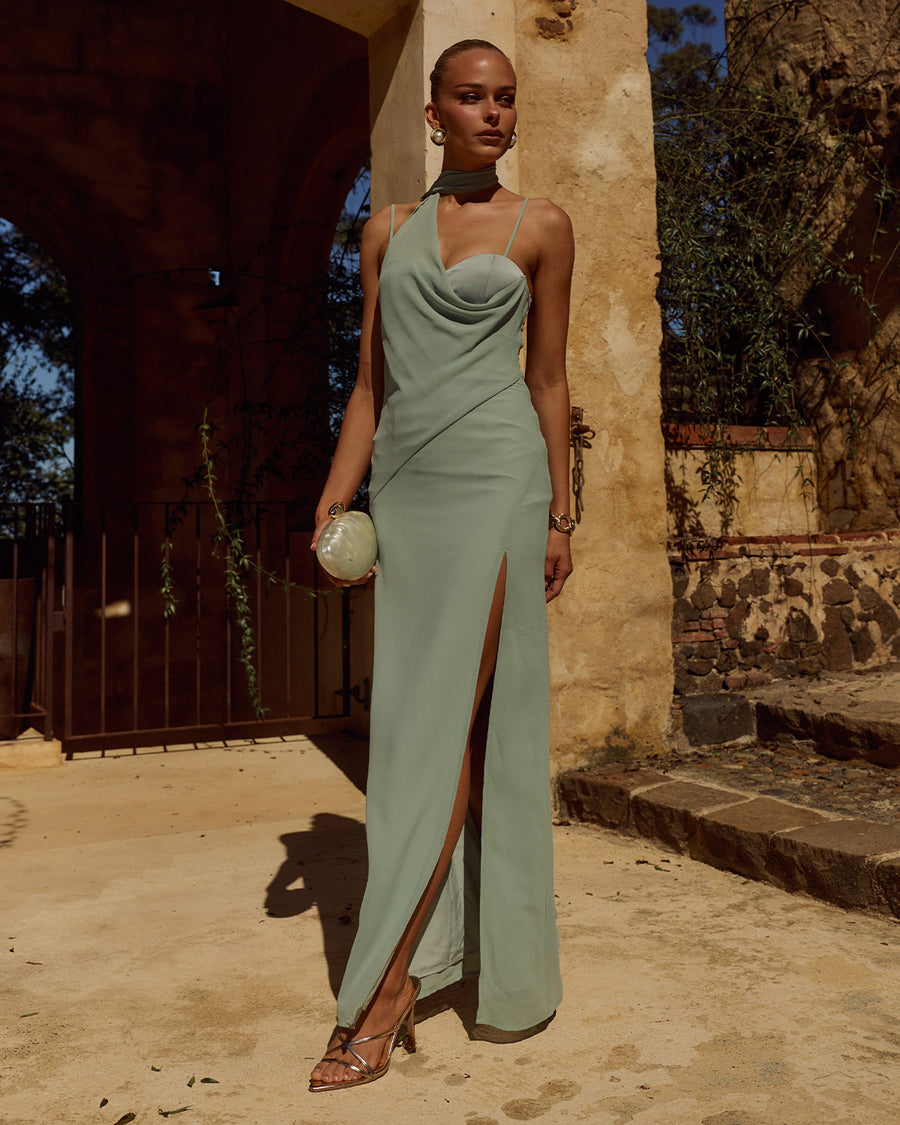Runaway The Label Liora Maxi Dress Sage Draped Scarf Detail | Winsome Girl Fashion