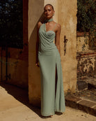 Liora Draped Scarf Maxi Dress in Sage by Runaway The Label | Winsome Girl Fashion