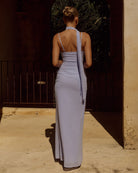 Liora Draped Scarf Maxi Dress in Sky Blue Back View | Winsome Girl Fashion